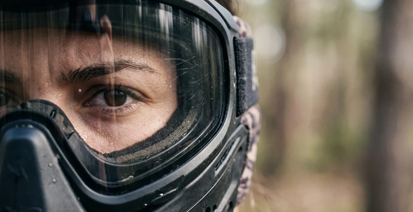 Gros plan sur un joueur de paintball dont le regard reflète la vigilance derrière un écran de masque de protection
