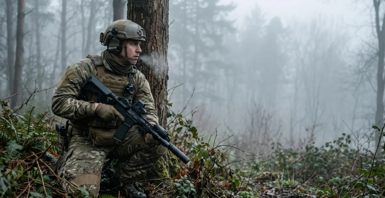 Un joueur de milsim en tenue tactique complète, immobile et concentré dans une forêt brumeuse, incarnant la tension psychologique du réalisme face au paintball classique