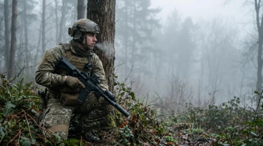 Un joueur de milsim en tenue tactique complète, immobile et concentré dans une forêt brumeuse, incarnant la tension psychologique du réalisme face au paintball classique