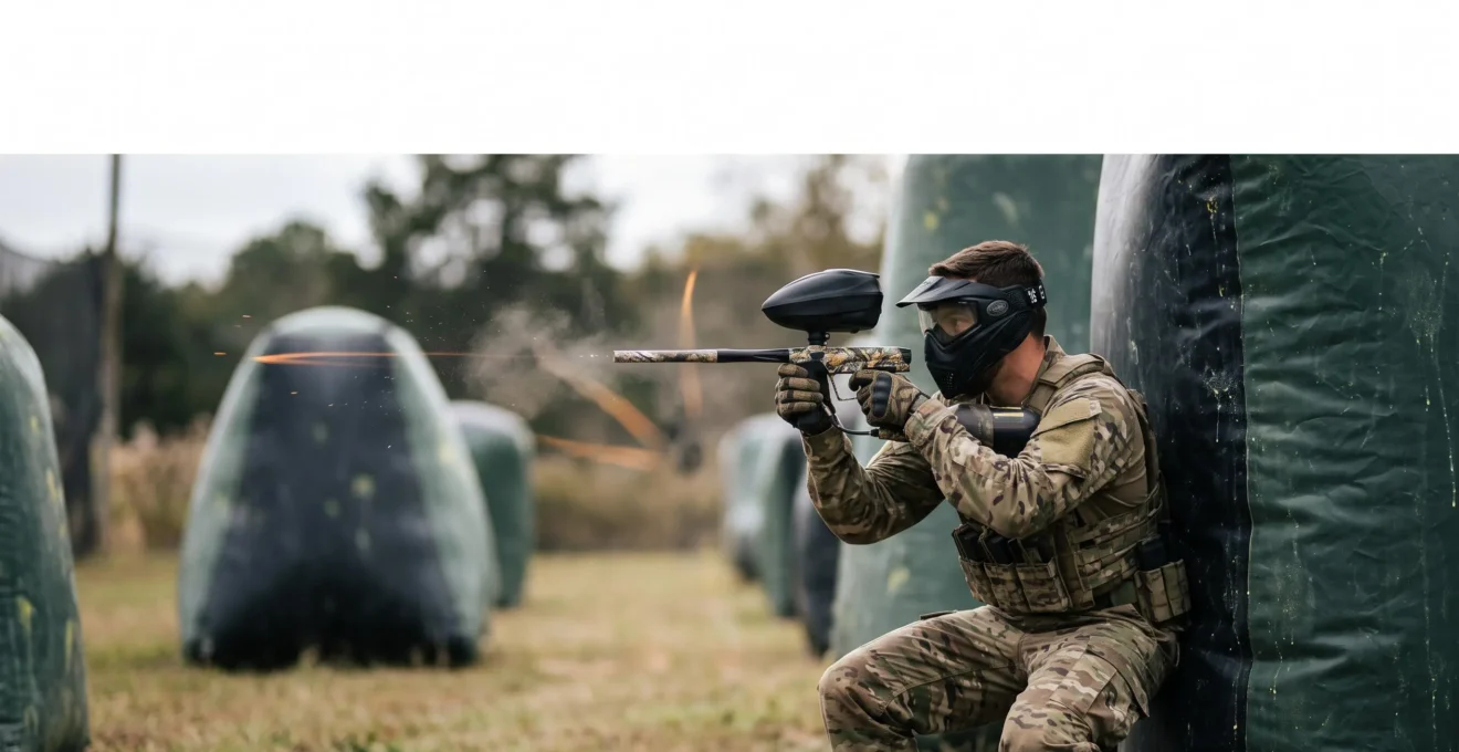 Joueur de paintball en position de tir de barrage au moment du break, trajectoires de billes suggérées par la lumière au-dessus d'un terrain boisé