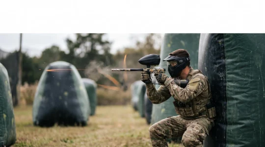 Joueur de paintball en position de tir de barrage au moment du break, trajectoires de billes suggérées par la lumière au-dessus d'un terrain boisé
