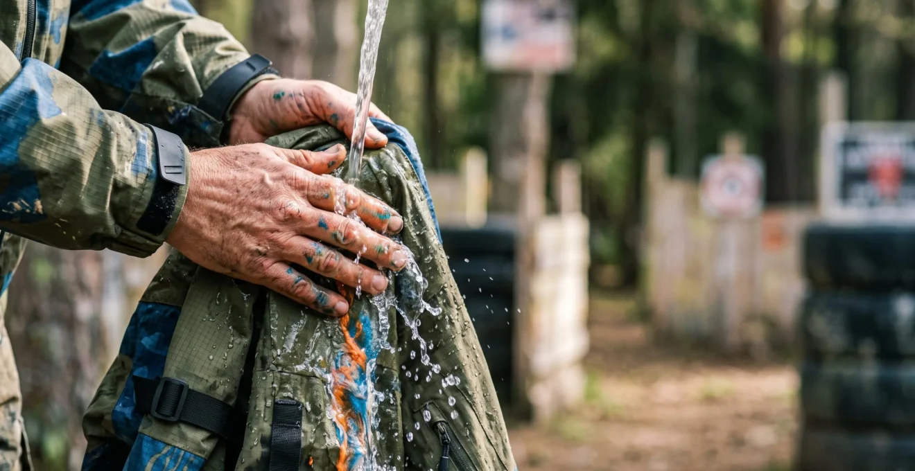 Gros plan sur un vêtement technique de paintball éclaboussé de peinture colorée, rincé à l'eau froide en pleine lumière naturelle