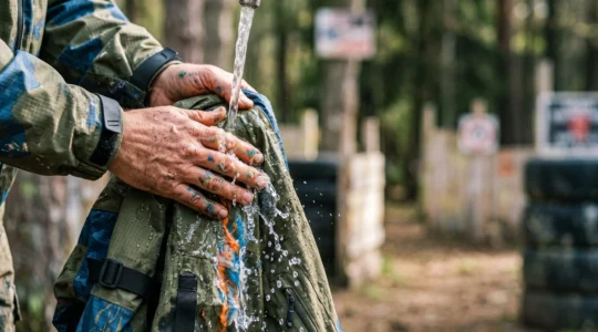 Gros plan sur un vêtement technique de paintball éclaboussé de peinture colorée, rincé à l'eau froide en pleine lumière naturelle