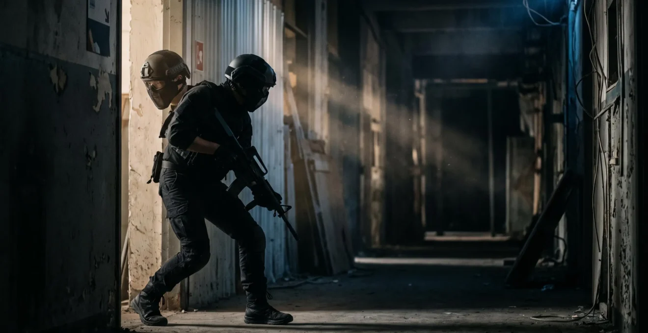 Joueur d'airsoft progressant le long d'un mur dans un couloir sombre de labyrinthe indoor, en position de pieing pour nettoyer un angle