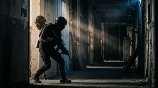 Joueur d'airsoft progressant le long d'un mur dans un couloir sombre de labyrinthe indoor, en position de pieing pour nettoyer un angle