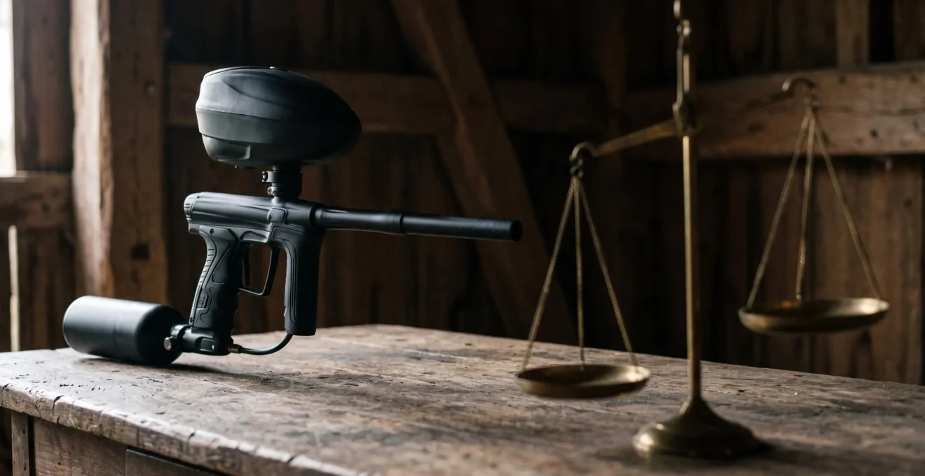 Lanceur de paintball pose pres d'une balance ancienne symbolisant le debat juridique sur son statut d'arme en France