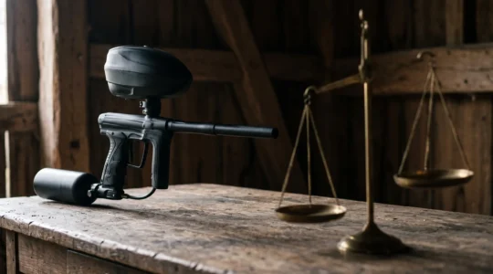 Lanceur de paintball pose pres d'une balance ancienne symbolisant le debat juridique sur son statut d'arme en France