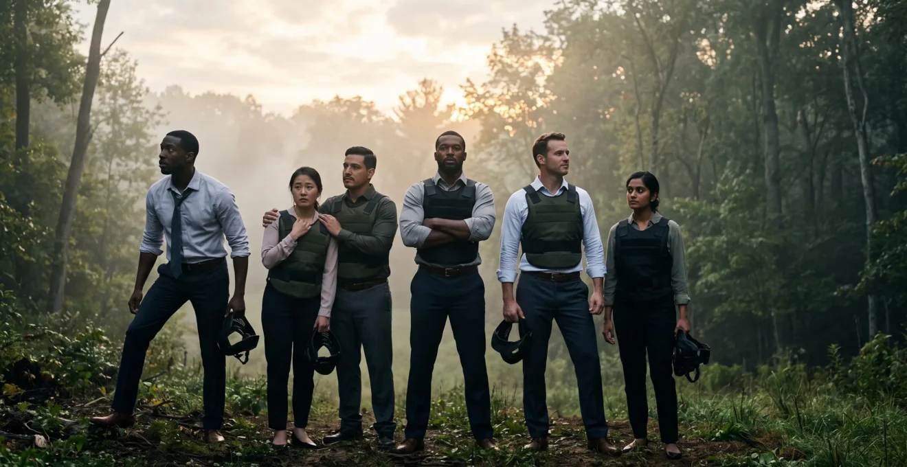 Groupe de collègues en tenue de paintball dans une forêt, incarnant la révélation des personnalités professionnelles à travers le jeu