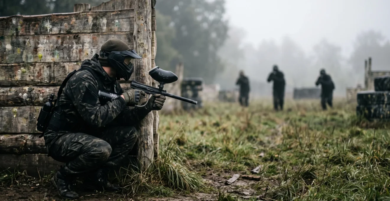 Un joueur de paintball seul, accroupi derriere un abri, faisant face a trois silhouettes adverses au loin sur un terrain brumeux