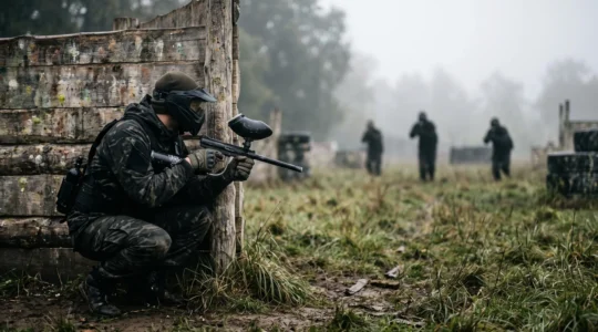 Un joueur de paintball seul, accroupi derriere un abri, faisant face a trois silhouettes adverses au loin sur un terrain brumeux