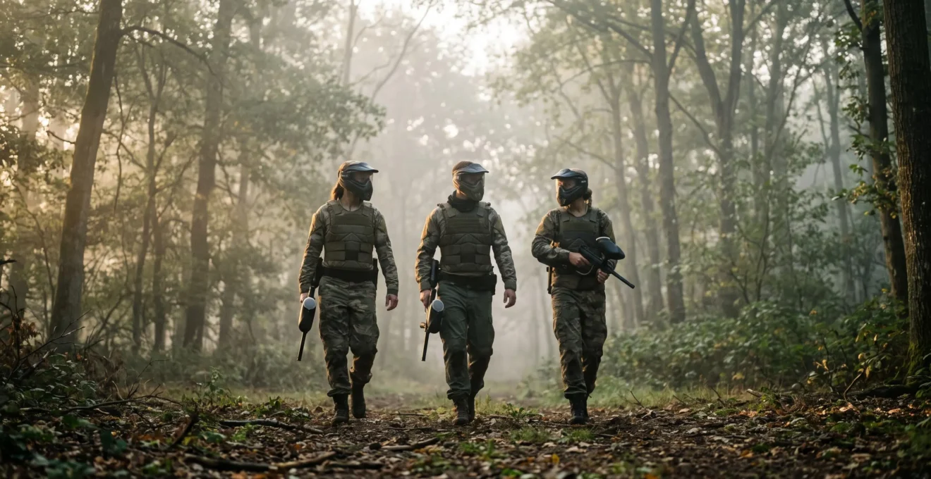Groupe de joueurs de paintball équipés de masques de protection, avançant avec assurance dans une forêt brumeuse au lever du jour