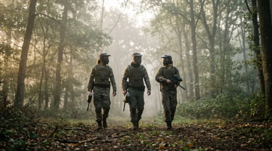Groupe de joueurs de paintball équipés de masques de protection, avançant avec assurance dans une forêt brumeuse au lever du jour