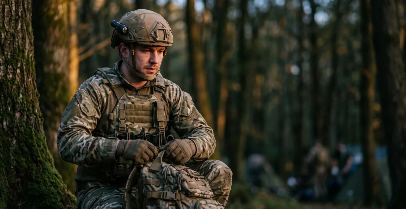 Joueur d'airsoft ajustant son sac à dos tactique au crépuscule avant une opération de 24 heures