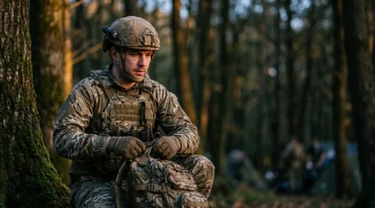 Joueur d'airsoft ajustant son sac à dos tactique au crépuscule avant une opération de 24 heures