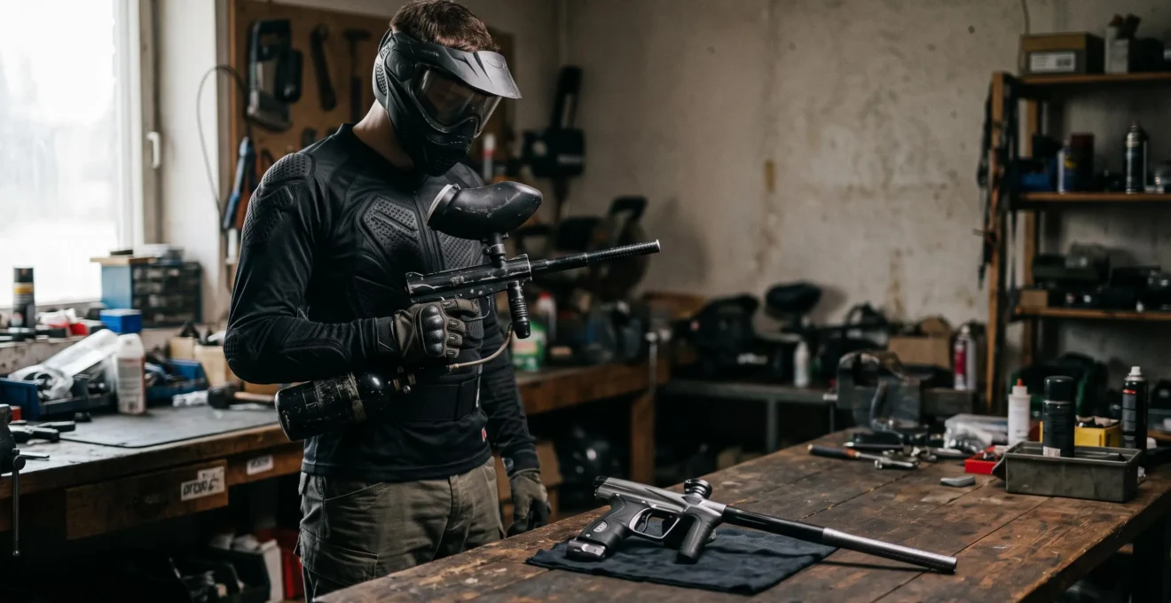 Joueur de paintball tenant son lanceur et observant un second modèle posé sur un établi, symbolisant le moment de la décision de changer d'équipement