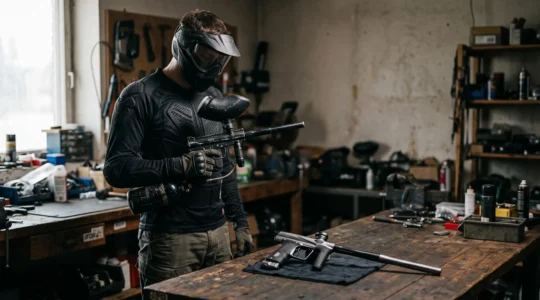 Joueur de paintball tenant son lanceur et observant un second modèle posé sur un établi, symbolisant le moment de la décision de changer d'équipement