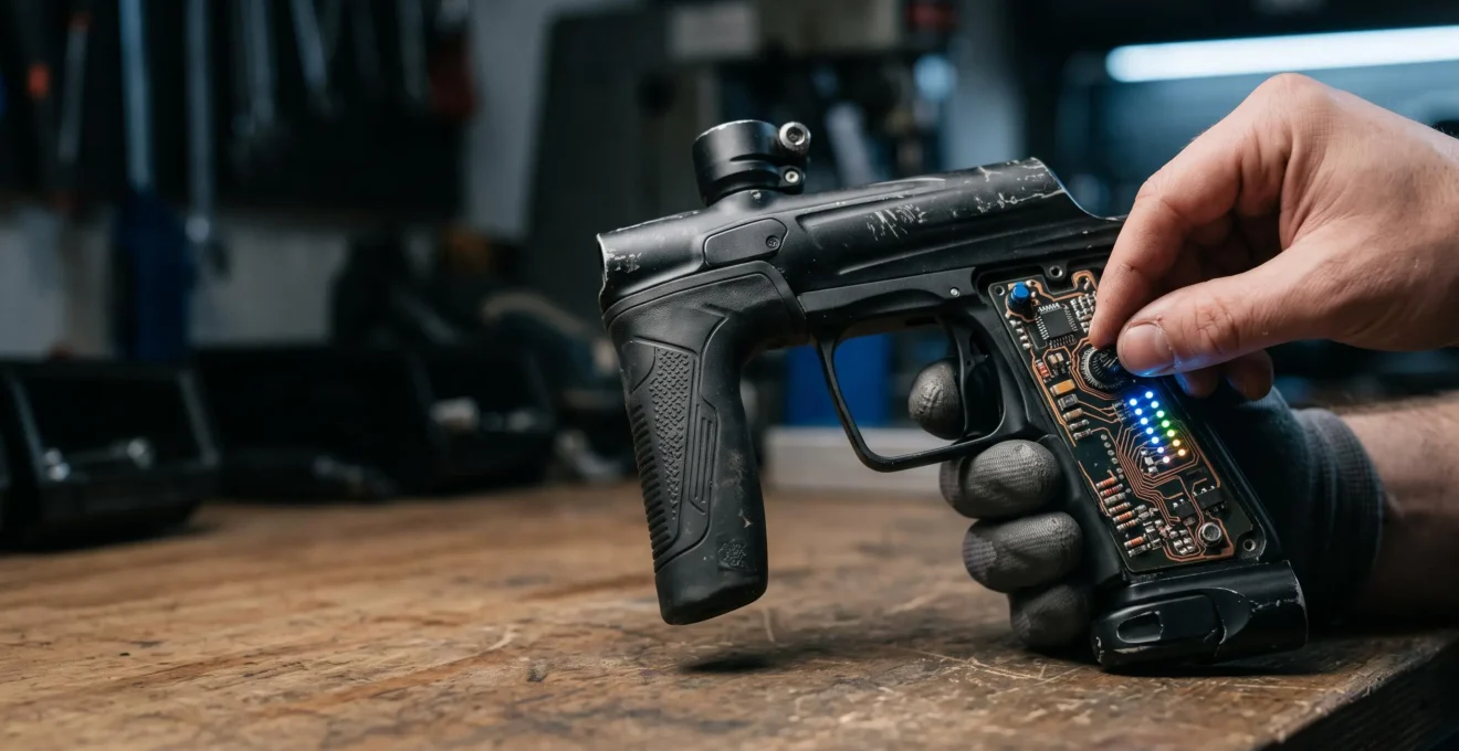 Gros plan symbolique sur le réglage d'une carte électronique de lanceur de paintball, évoquant la précision du mode Ramping