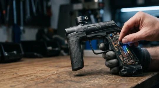 Gros plan symbolique sur le réglage d'une carte électronique de lanceur de paintball, évoquant la précision du mode Ramping