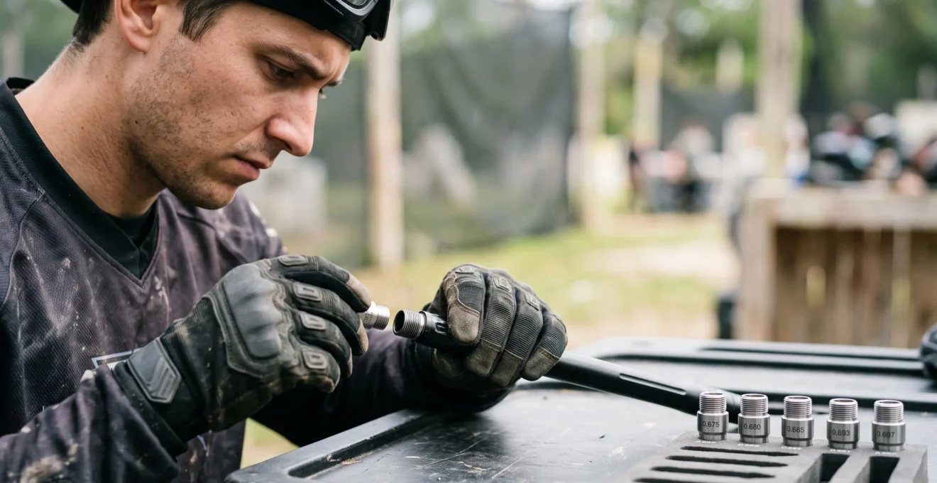Joueur de paintball ajustant avec précision l'embase interchangeable de son canon avant une partie