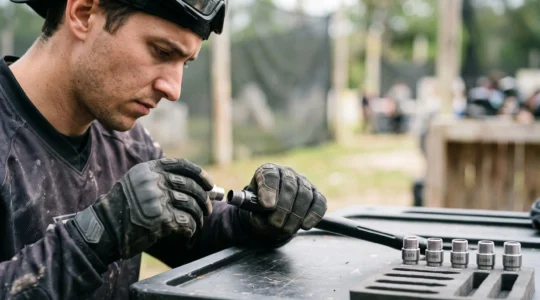Joueur de paintball ajustant avec précision l'embase interchangeable de son canon avant une partie