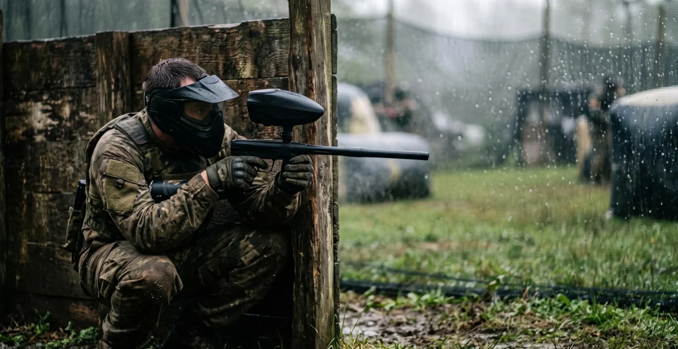 Joueur de paintball équipé d'un lanceur mécanique, concentré avant une manche en compétition Mech League