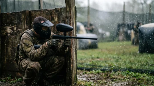Joueur de paintball équipé d'un lanceur mécanique, concentré avant une manche en compétition Mech League