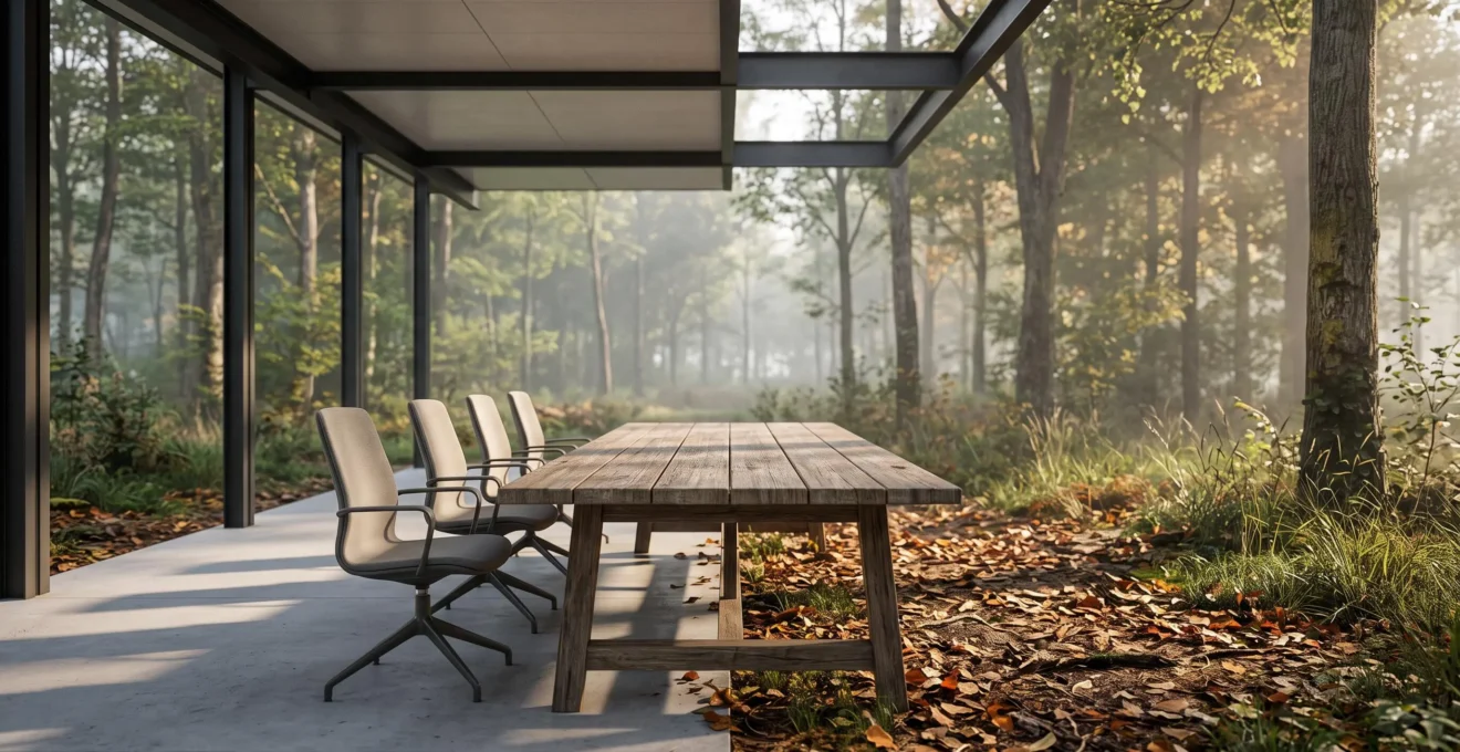 Une table de reunion minimaliste qui se prolonge visuellement vers une clairiere boisee evoquant un terrain de paintball, symbolisant la transition entre strategie et action.
