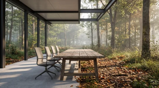 Une table de reunion minimaliste qui se prolonge visuellement vers une clairiere boisee evoquant un terrain de paintball, symbolisant la transition entre strategie et action.