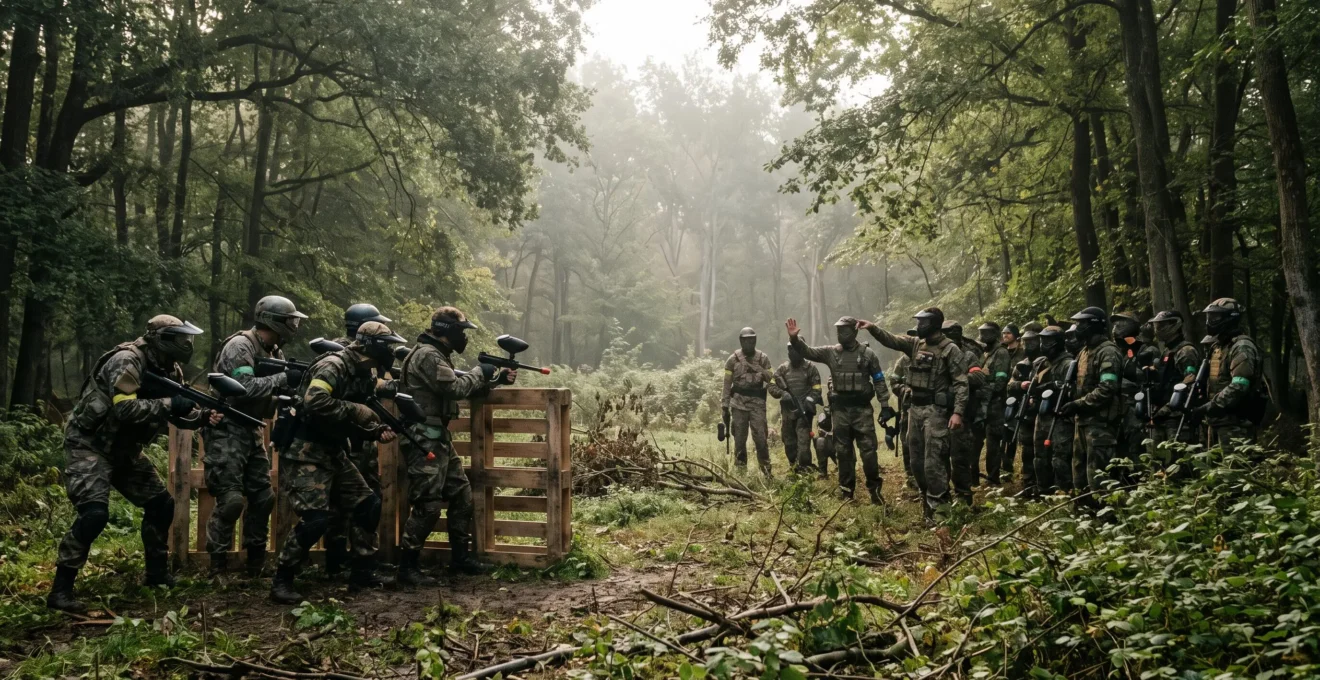 Deux équipes de paintball aux effectifs et équipements différents s'affrontant dans une clairière forestière, illustrant un scénario asymétrique