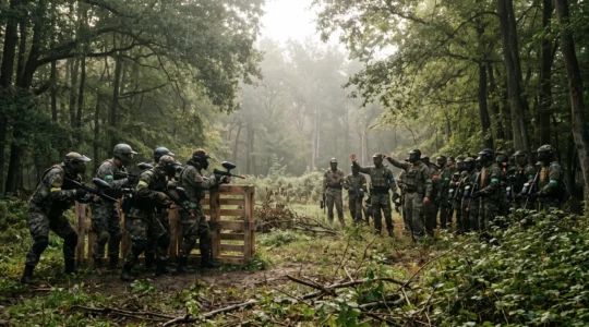 Deux équipes de paintball aux effectifs et équipements différents s'affrontant dans une clairière forestière, illustrant un scénario asymétrique