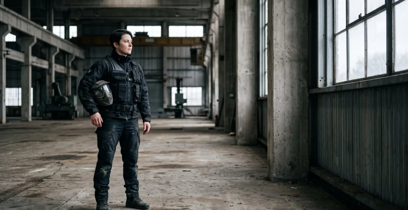 Joueur de paintball vêtu d'une tenue techwear noire et modulaire, casque de protection à la main, dans une lumière industrielle contrastée