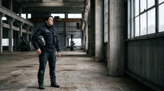Joueur de paintball vêtu d'une tenue techwear noire et modulaire, casque de protection à la main, dans une lumière industrielle contrastée