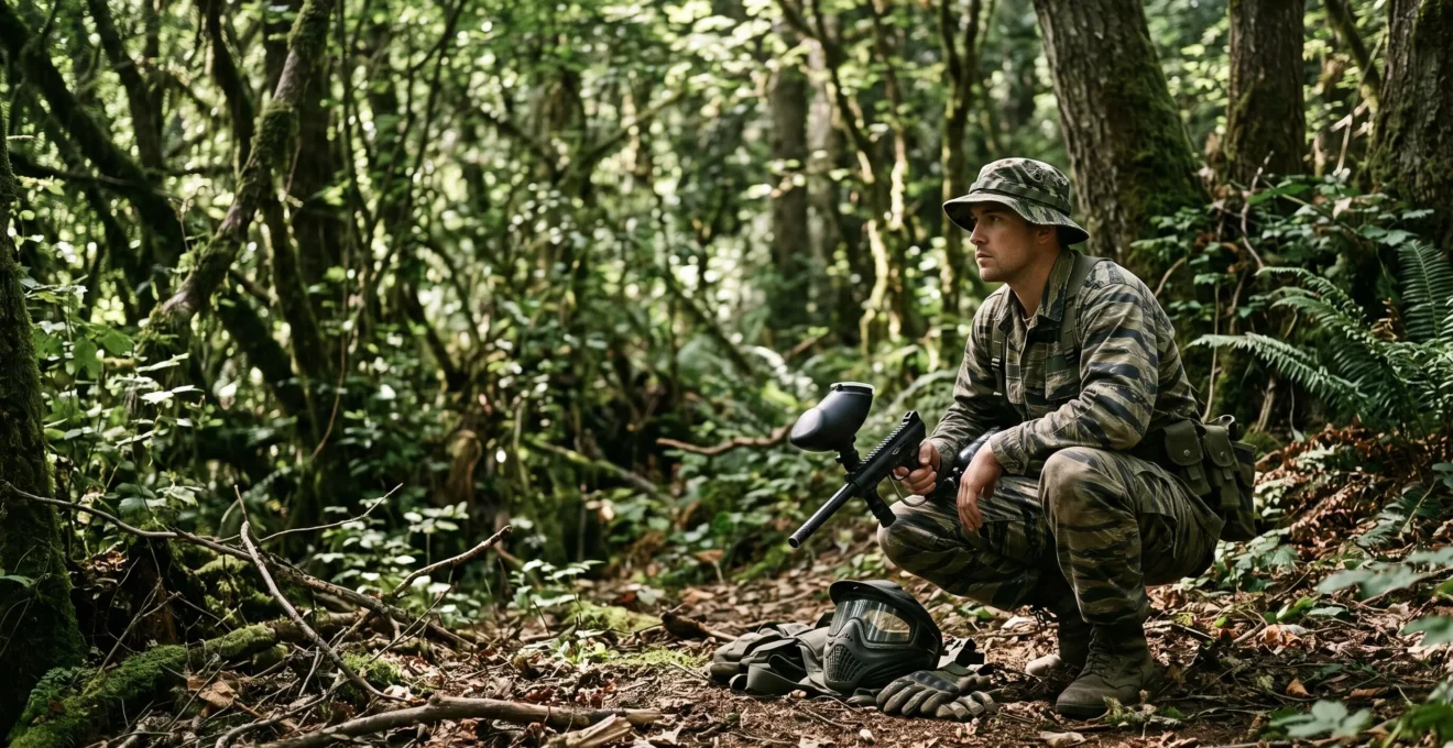 Joueur de paintball vétéran portant un treillis camouflage tiger stripe usé, immobile à l'orée d'une forêt dense