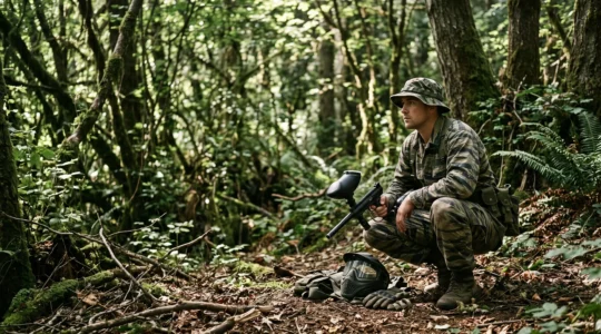 Joueur de paintball vétéran portant un treillis camouflage tiger stripe usé, immobile à l'orée d'une forêt dense