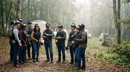 Groupe de collaborateurs en tenue de paintball rassemblés sur un terrain boisé avant le début d'un tournoi d'entreprise