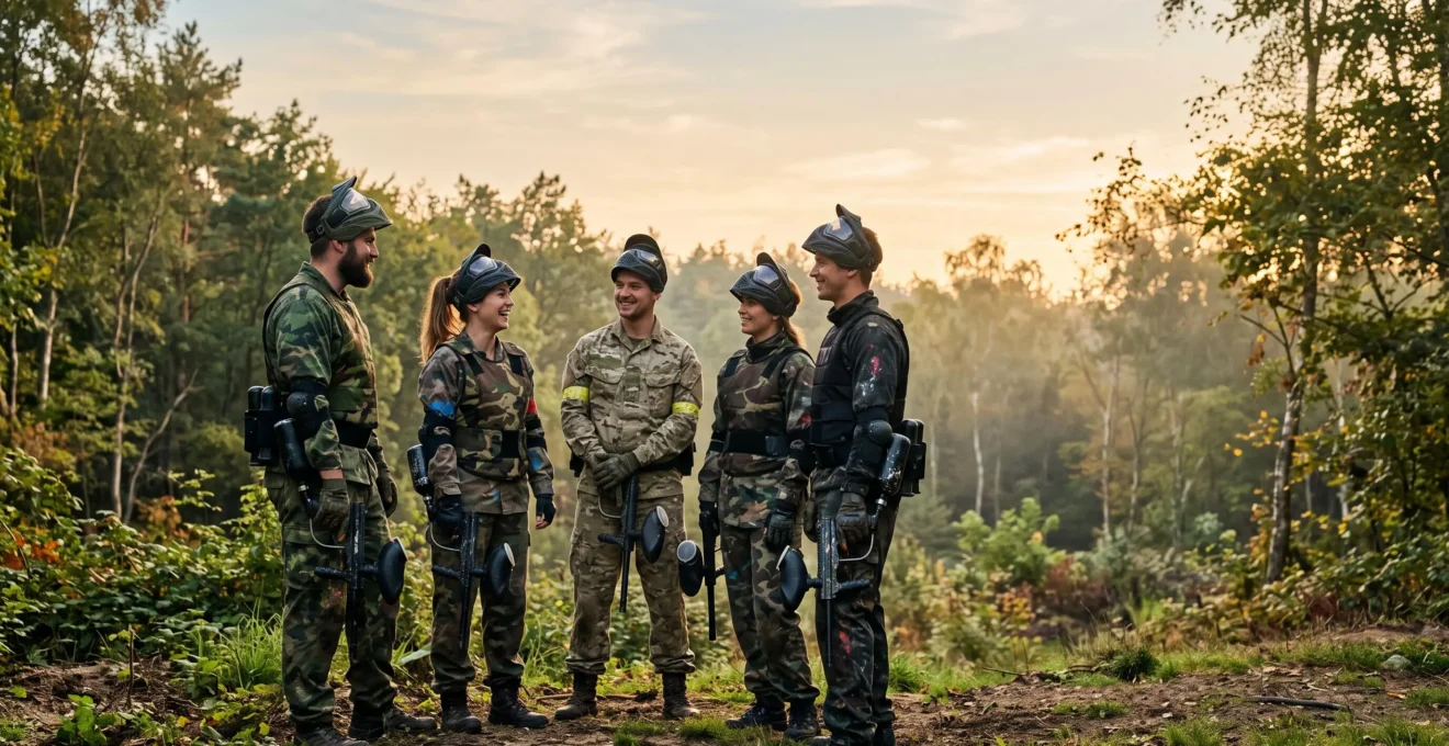 Groupe d'amis joueurs de paintball unis symbolisant la transformation en association loi 1901