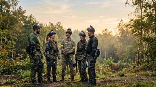Groupe d'amis joueurs de paintball unis symbolisant la transformation en association loi 1901