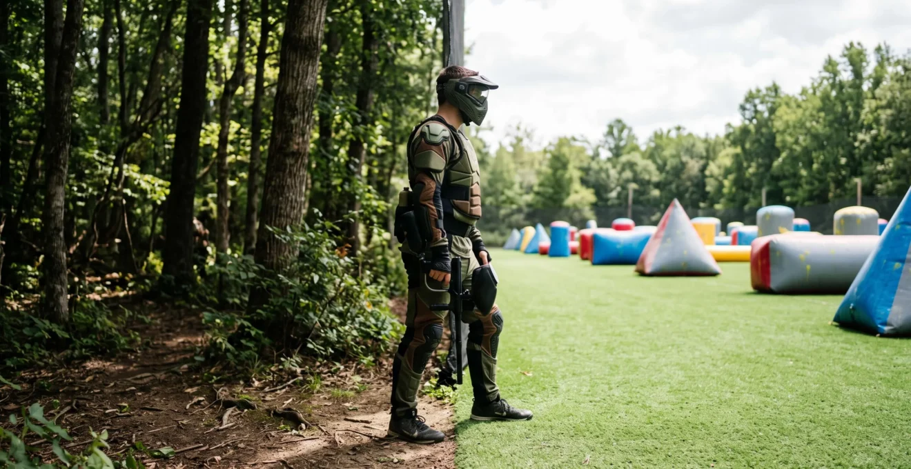 Un joueur de paintball se tenant à la limite entre un terrain boisé et un terrain synthétique Sup'AirBall aux bunkers gonflables colorés