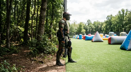 Un joueur de paintball se tenant à la limite entre un terrain boisé et un terrain synthétique Sup'AirBall aux bunkers gonflables colorés