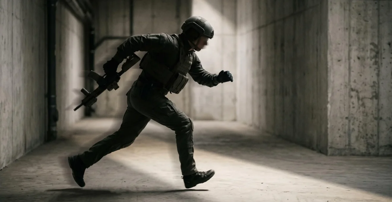 Silhouette de joueur en position accroupie et statique qui se transforme en mouvement explosif vers l'avant, symbolisant le basculement de la défense à la contre-attaque