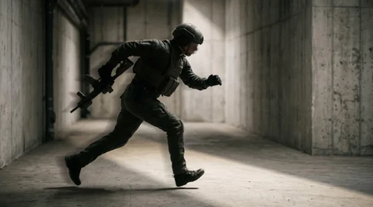 Silhouette de joueur en position accroupie et statique qui se transforme en mouvement explosif vers l'avant, symbolisant le basculement de la défense à la contre-attaque
