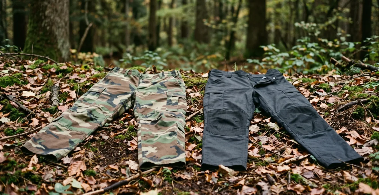 Deux pantalons tactiques poses cote a cote sur un sol forestier, l'un en camouflage militaire surplus, l'autre en tissu technique de paintball moderne