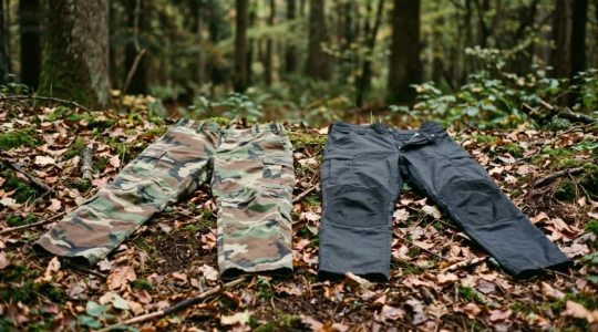 Deux pantalons tactiques poses cote a cote sur un sol forestier, l'un en camouflage militaire surplus, l'autre en tissu technique de paintball moderne