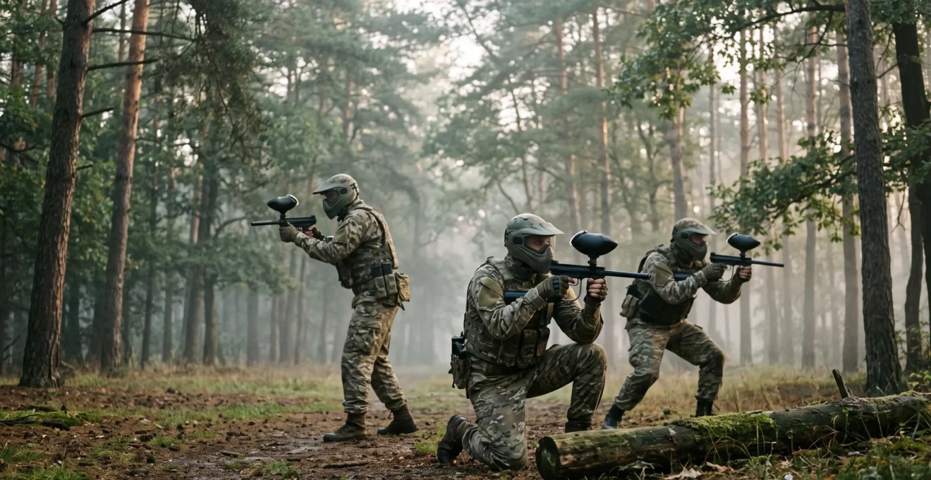 Trois joueurs de paintball en équipement tactique positionnés en formation triangle sur un terrain boisé