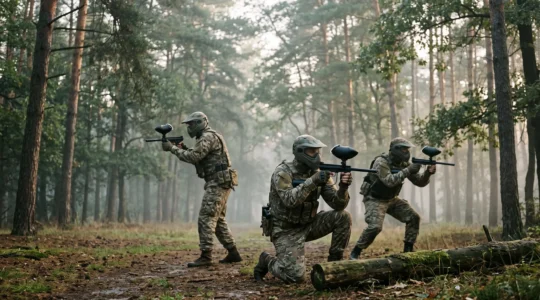 Trois joueurs de paintball en équipement tactique positionnés en formation triangle sur un terrain boisé