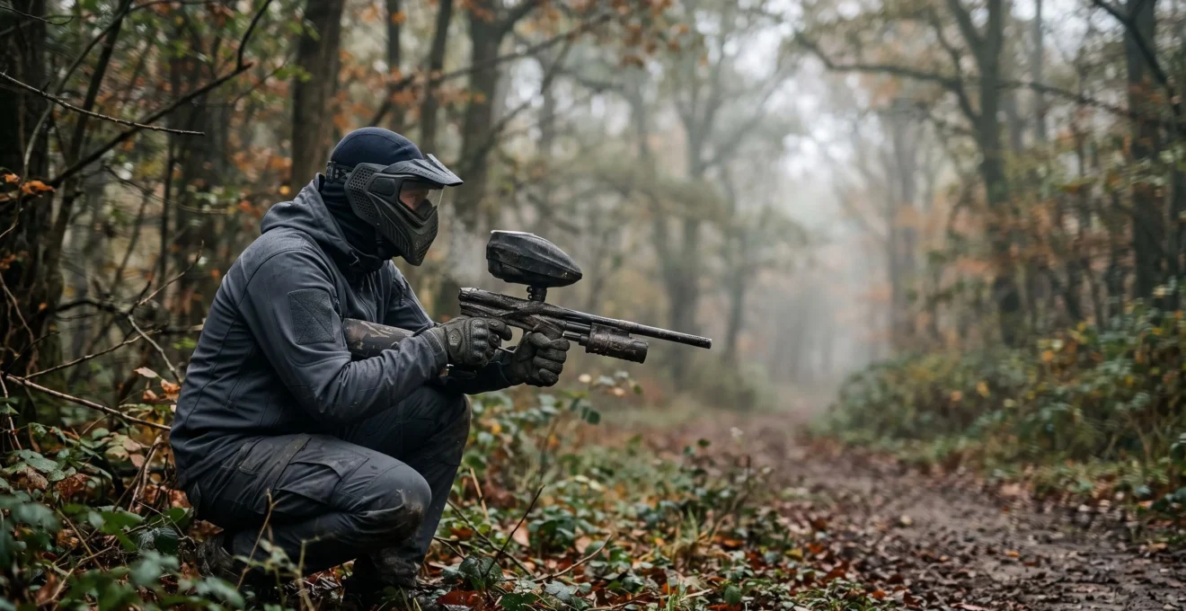 Joueur de paintball équipé d'une veste softshell technique se tenant prêt dans un environnement boisé frais et humide