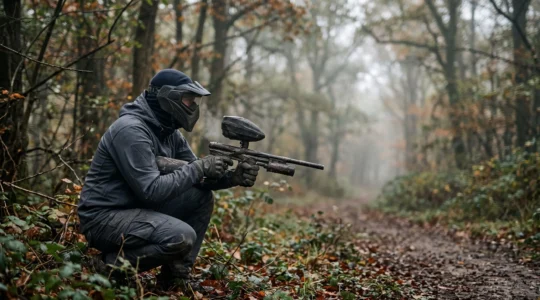 Joueur de paintball équipé d'une veste softshell technique se tenant prêt dans un environnement boisé frais et humide